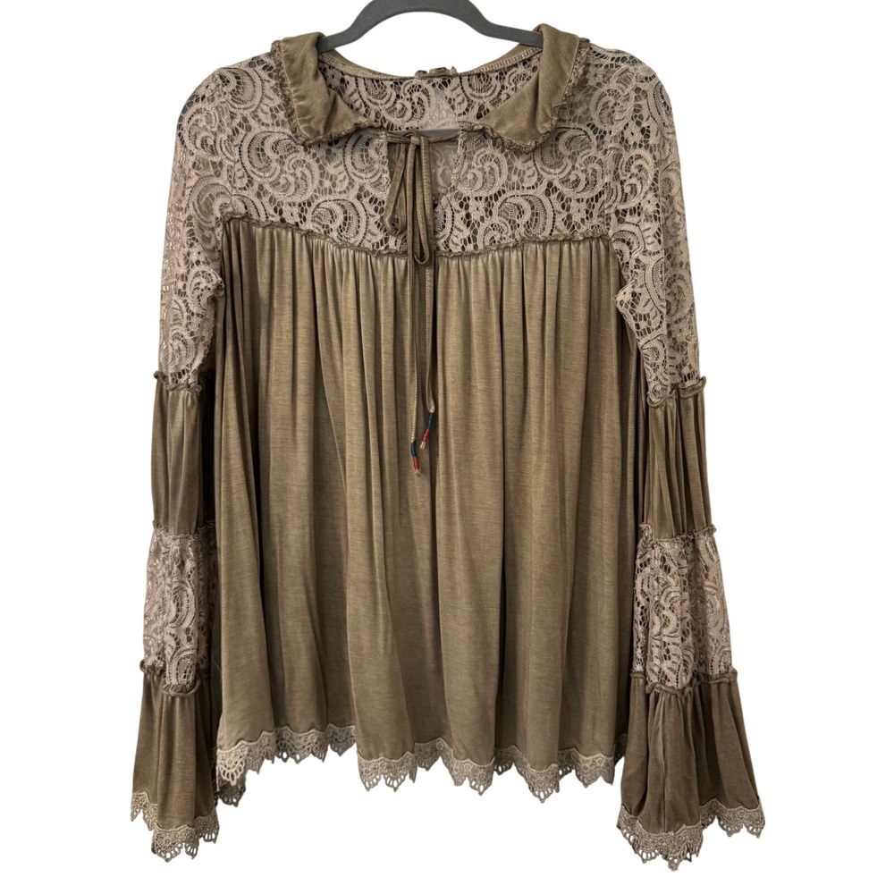 POL Babydoll Top M Khaki Green Lace Boho Peter Pan Collar Bell Slve Fairy Earthy